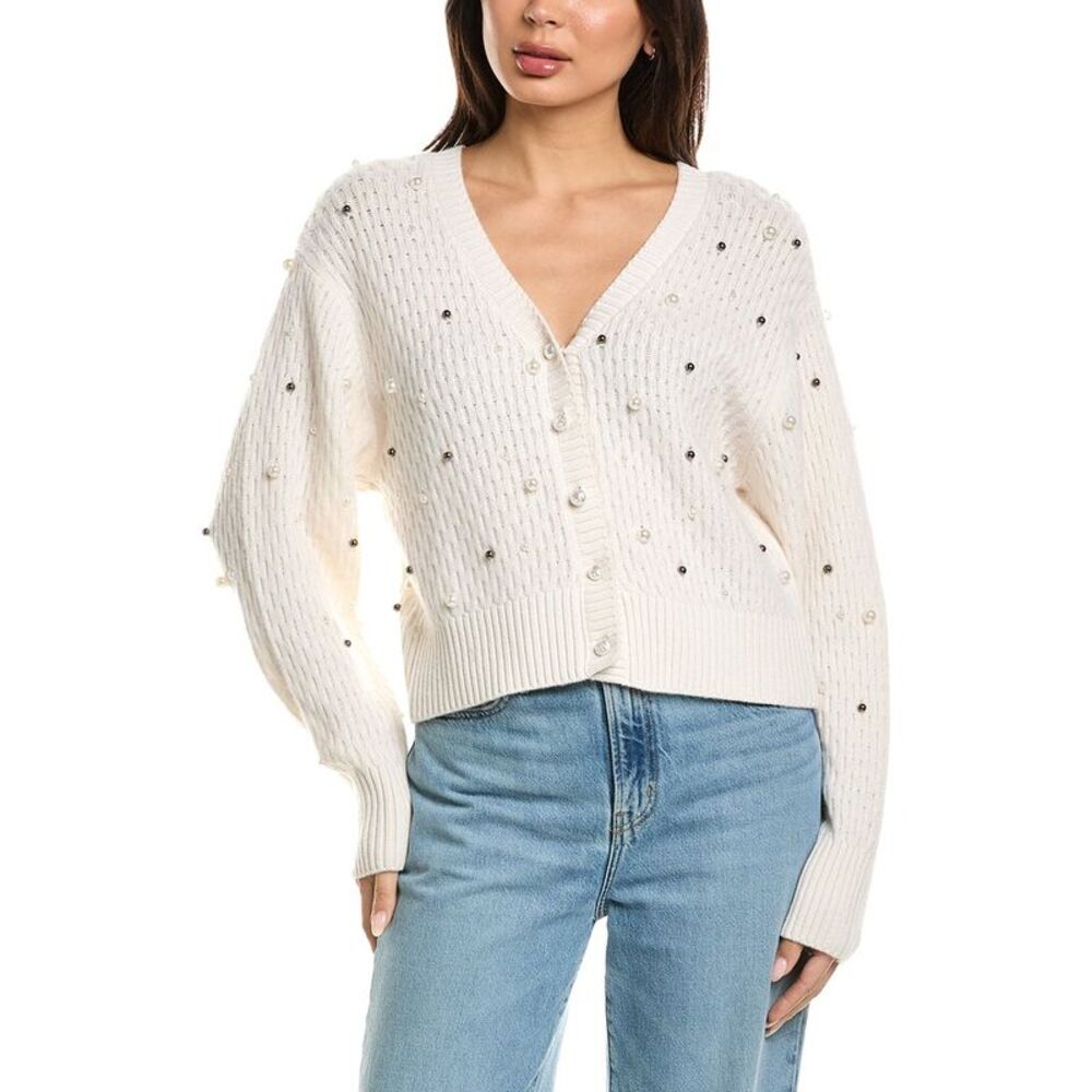 Brodie Cashmere Womens  Beverley Bead Button Back 100% Cashmere Sweater, White